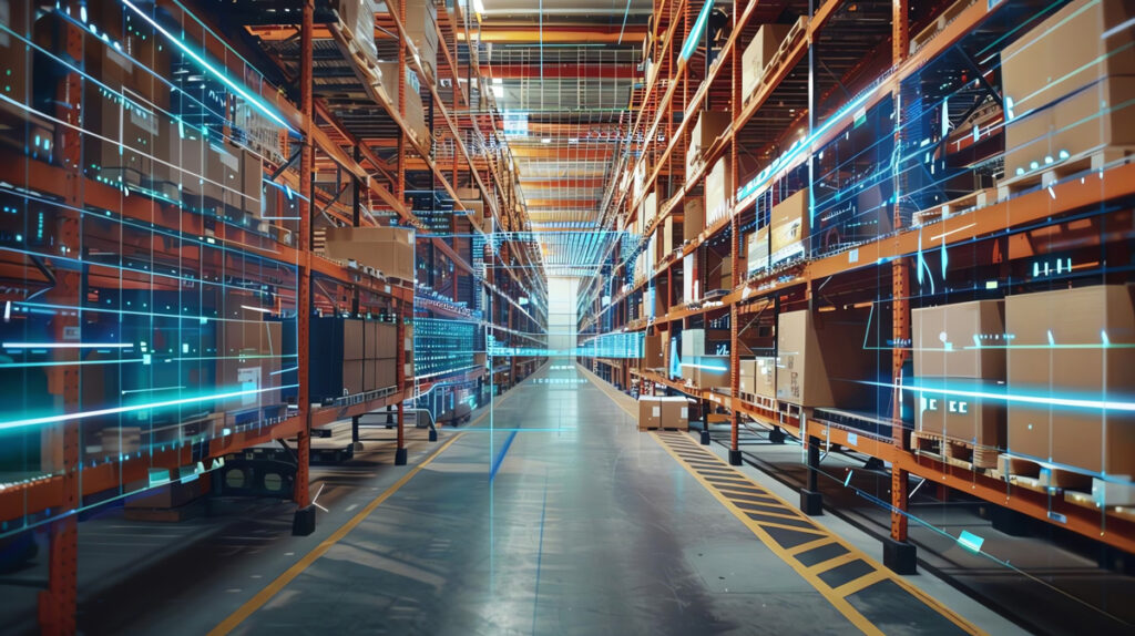 A graphic of a public warehouse with boxes on shelves in El Paso.